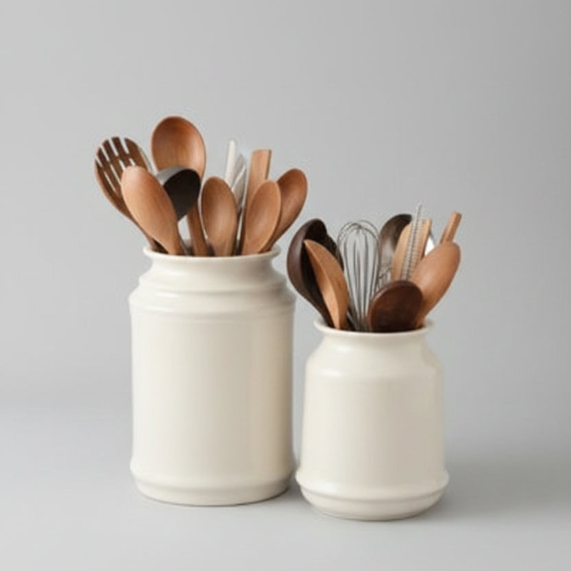 Pot de rangement en céramique VidaXL pour spatules, blanc avec motif Artès, élégant et pratique pour la cuisine.