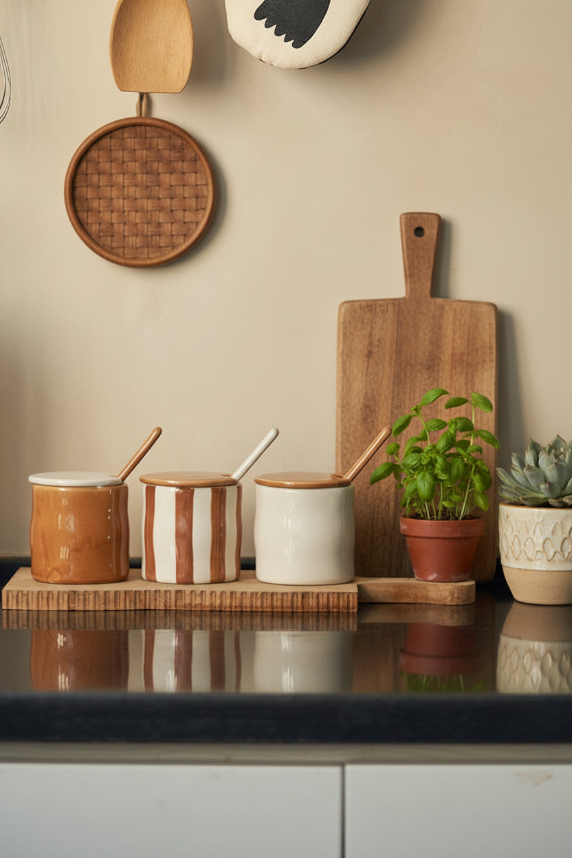 Pot à épices Beaupre de la marque Hausslyon, en céramique, avec couvercle et espace pour diverses épices en cuisine.