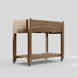 Jardinière surélevée en bois avec roulettes et tables latérales, conçue par HAUSSLYON, pour décoration extérieure élégante.
