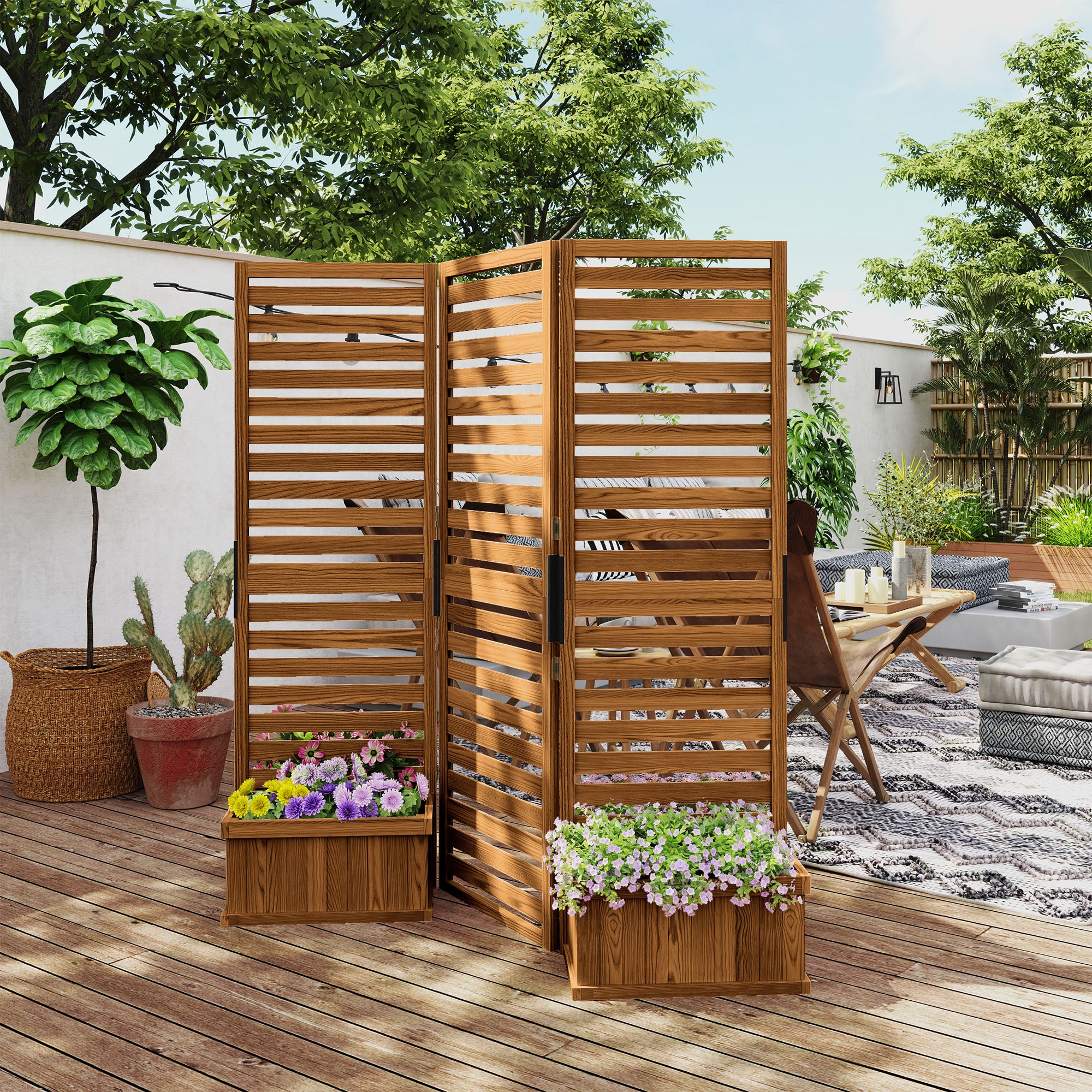 62.5" x 19" x 66" Wood Panel Trellis w/ 4 Planter Box Raised Bed for Garden Natural Wood - HAUSSLYON