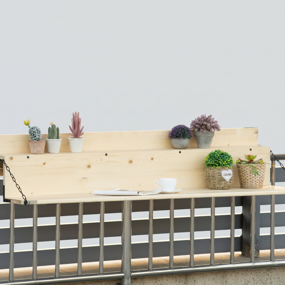 Table suspendue pliante Normandie de la marque Hausslyon, vue de dessus montrant la surface en bois et le mécanisme pliable