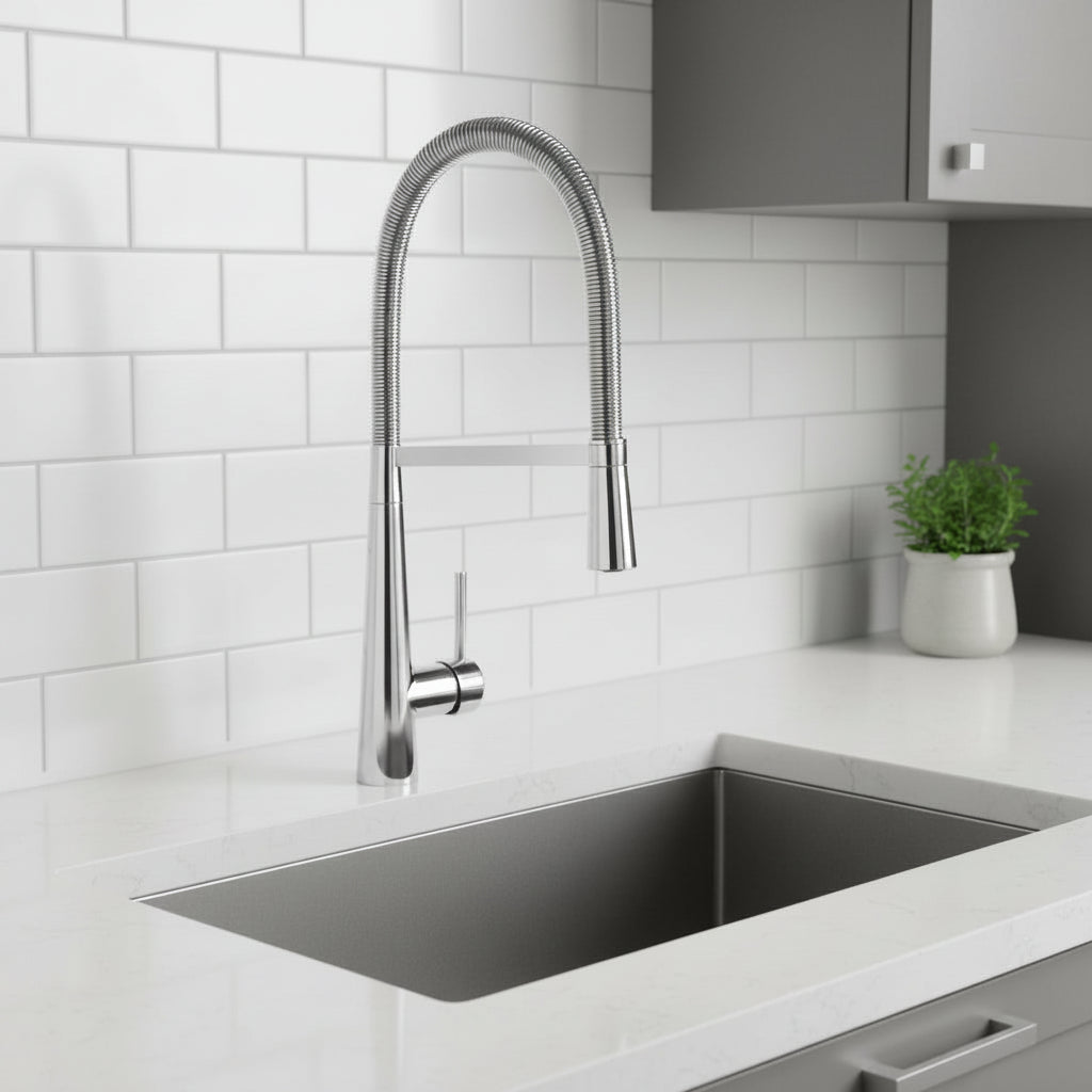 Robinet de cuisine Haussslyon avec une tige, en acier inoxydable, installé au lavabo, vue de face.