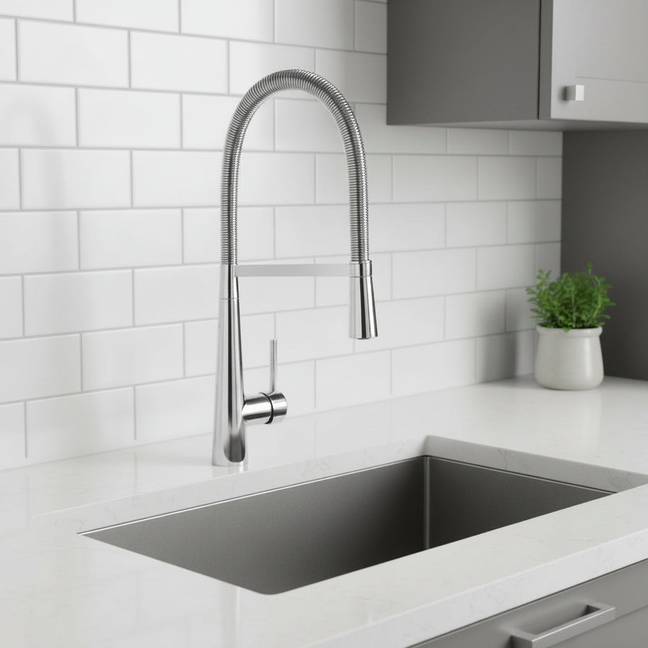 Robinet de cuisine Haussslyon avec une tige, en acier inoxydable, installé au lavabo, vue de face.