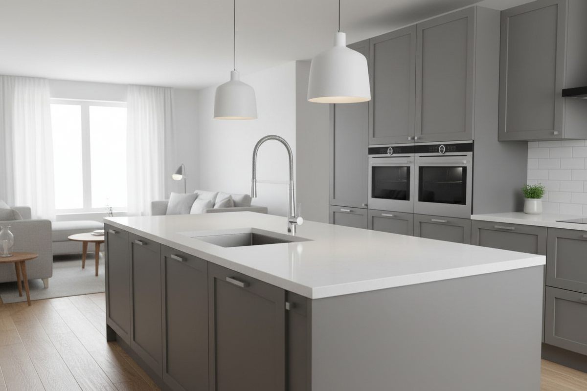 Robinet de cuisine Hauslyon avec tampo en acier inoxydable, vue de face, installation moderne et design élégant
