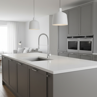 Robinet de cuisine Hauslyon avec tampo en acier inoxydable, vue de face, installation moderne et design élégant