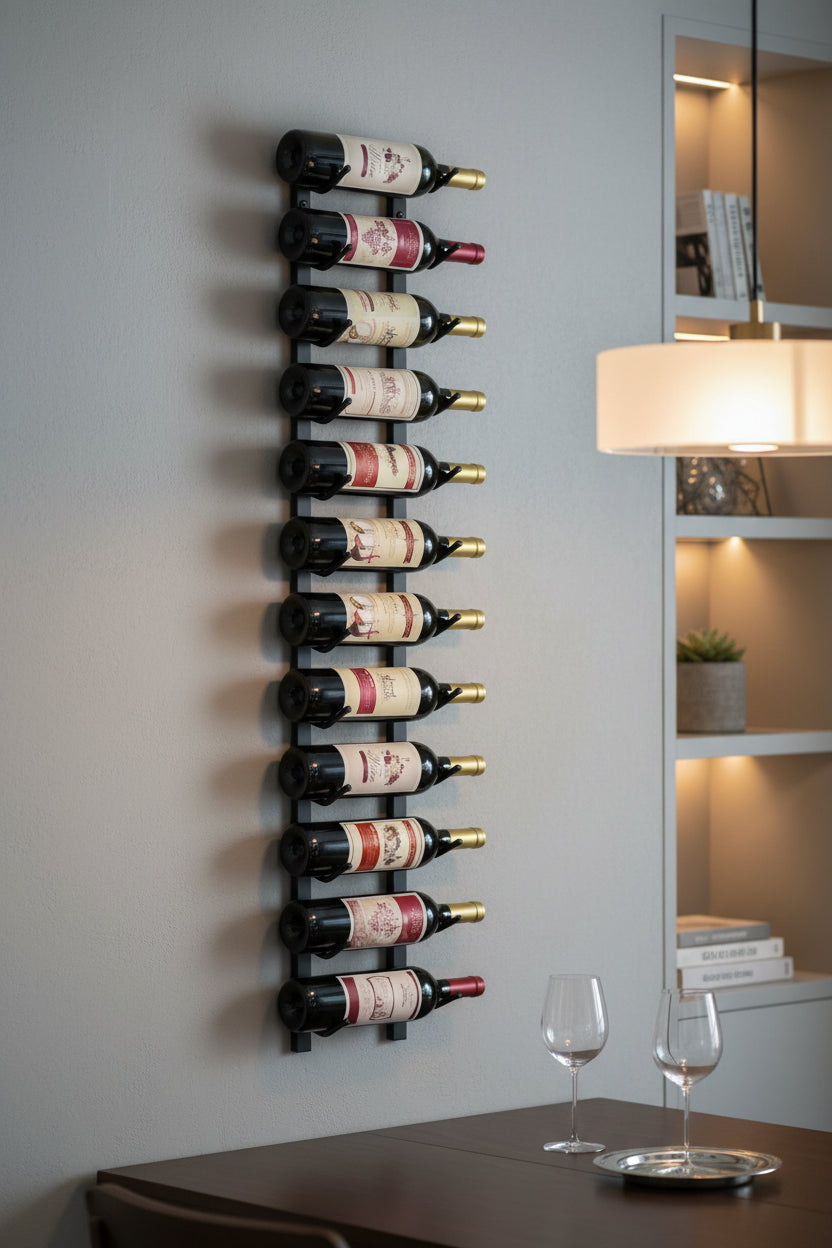 Étagère à bouteilles Bordeaux de la marque Hausslyon dans une cuisine, avec plusieurs bouteilles de vin visibles.