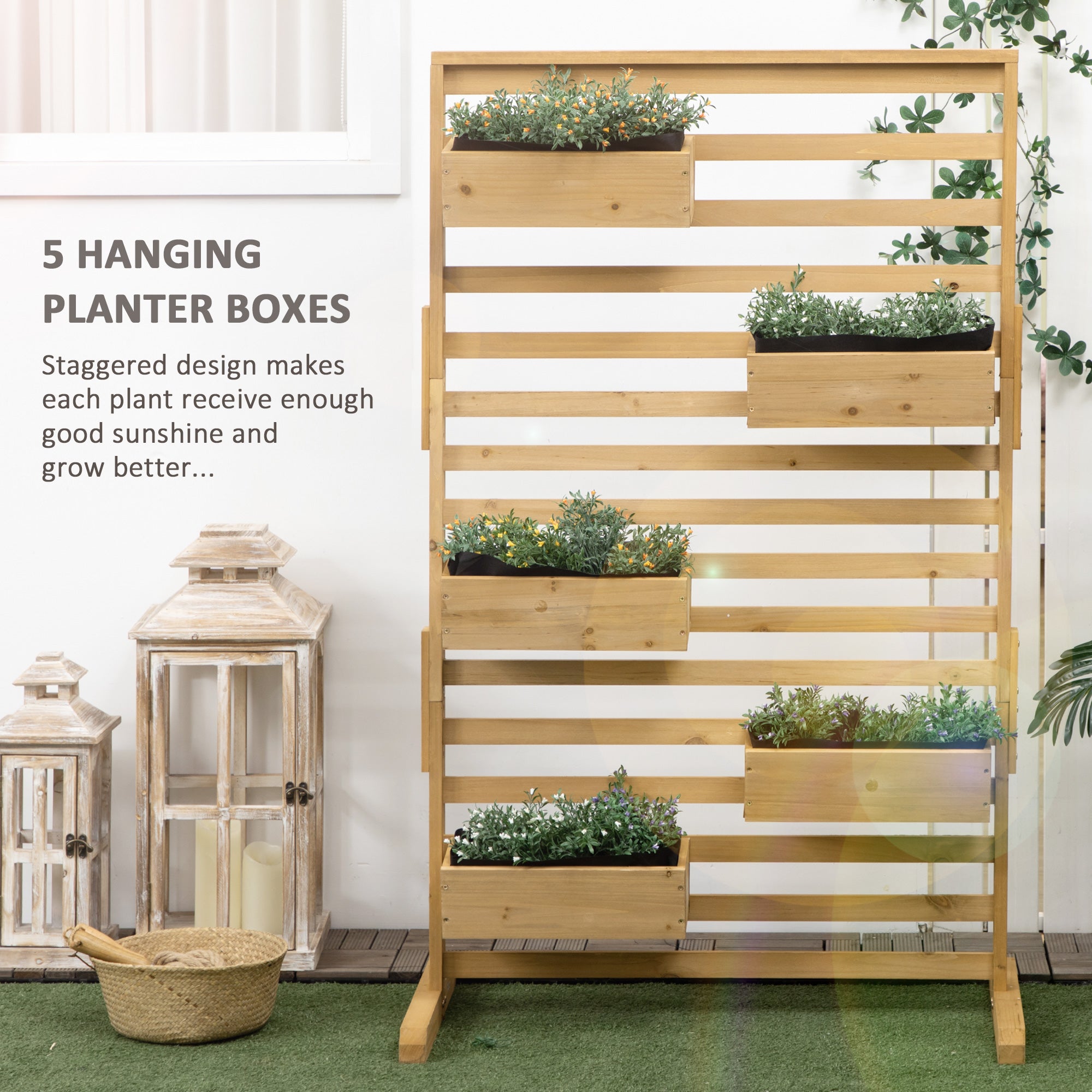 Wooden Plant Trellis Stand with 5 Hanging Planter Boxes, Freestanding Outdoor Plant Stand for Patio, Garden, Balcony, Porch - HAUSSLYON