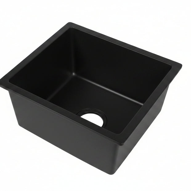 Évier de cuisine en granit Bordeaux de la marque Renfan, avec surface noire et design moderne.