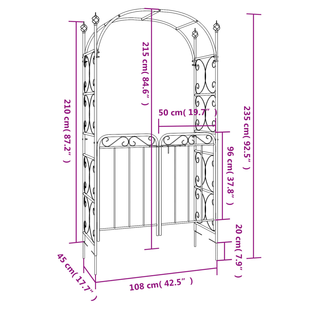 Garden Arch with Gate Black 108x45x235 cm Steel - HAUSSLYON