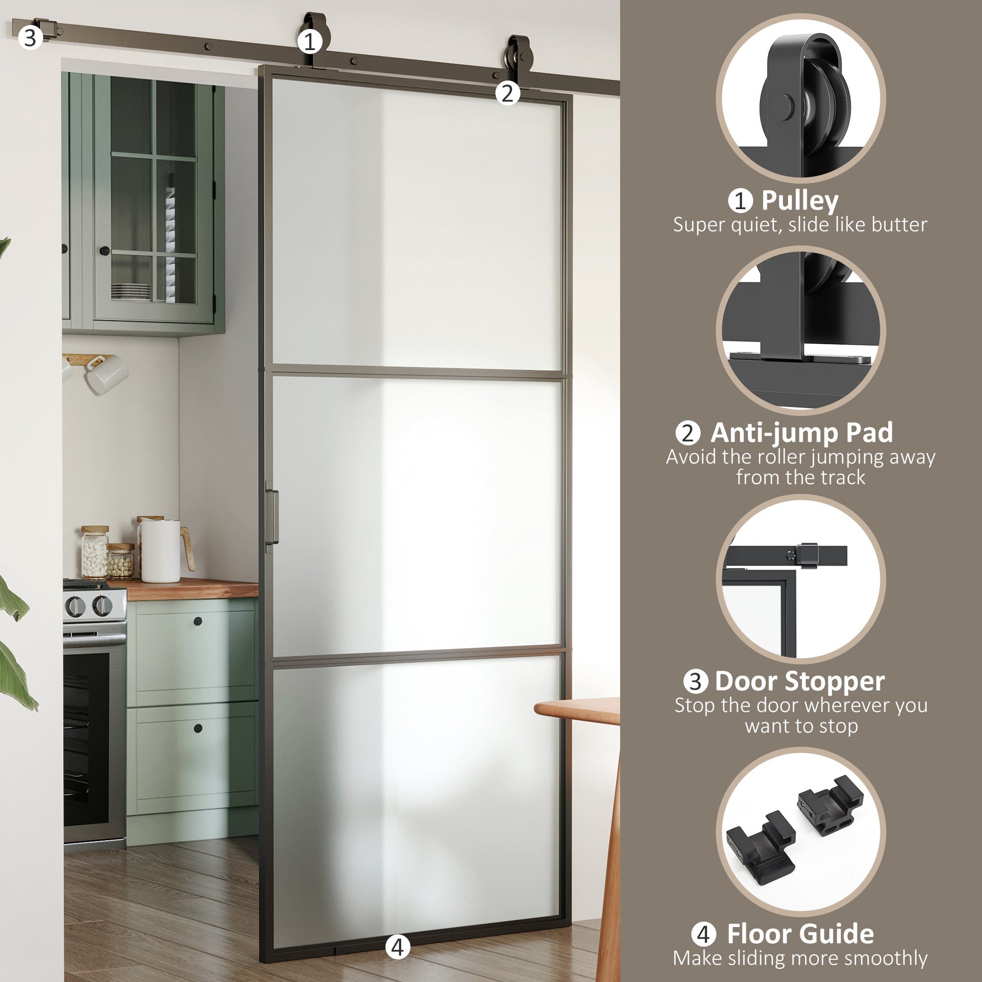 36" x 84" Sliding Door with Hardware Kit, Handle, & Track, Frosted Tempered Glass Door, Easy Installation - HAUSSLYON