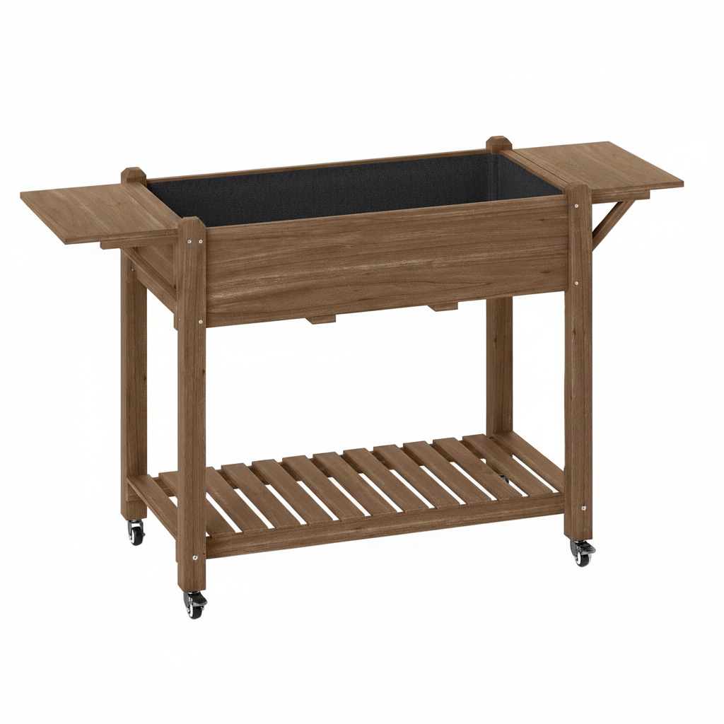 JARDINIERE SURELEVÉE EN BOIS AVEC ROULETTES ET TABLES LATÉRALES - MONTEREGIE