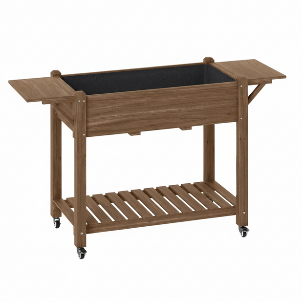 Jardinière surélevée en bois AOSOM avec roulettes et tables latérales, idéale pour l'aménagement extérieur.
