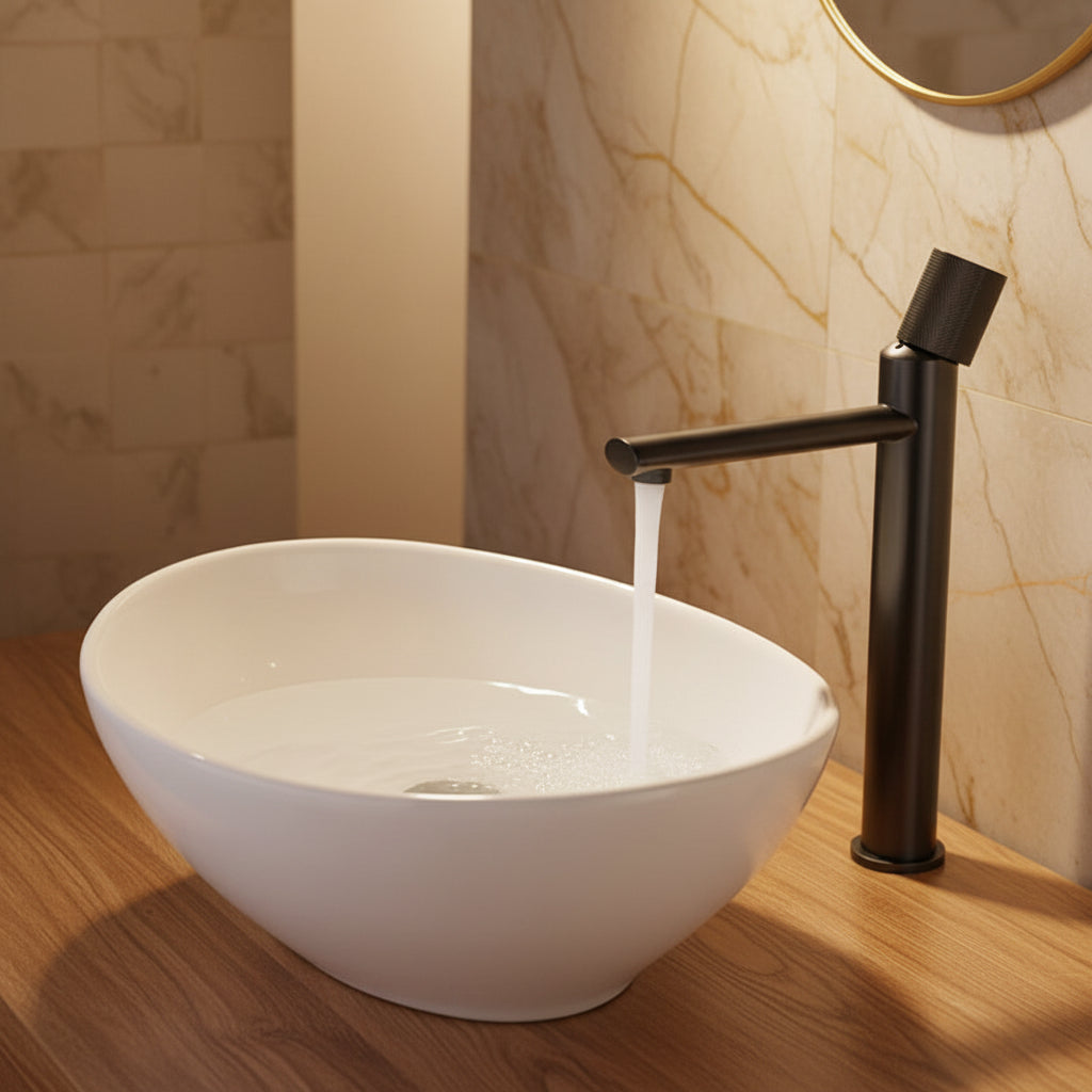 Robinet de salle de bain VidaXL Harlem en finition chrome, avec poignée et sortie d'eau visible.