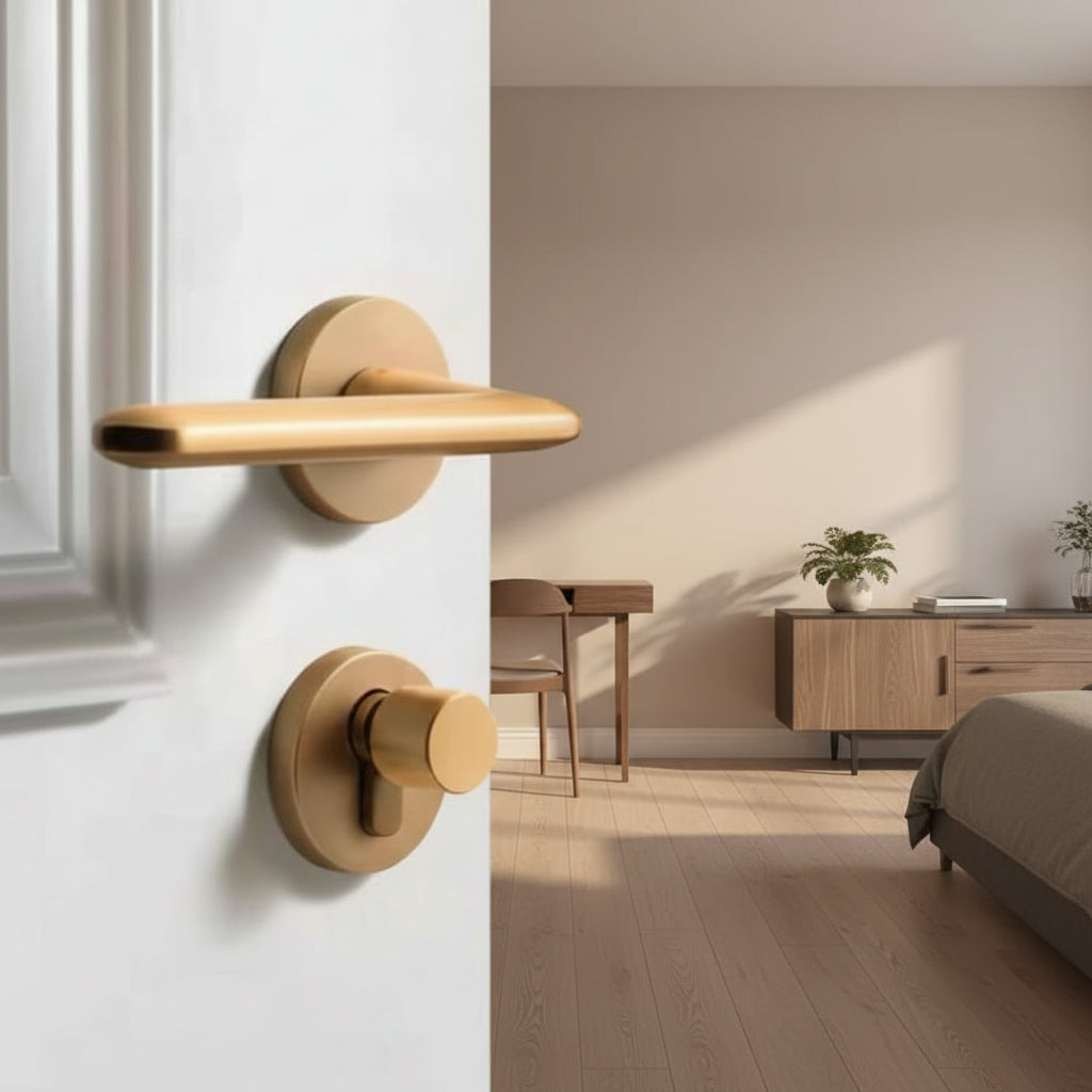 Poignée de porte Sapporo de la marque Hausslyon, en métal élégant, fixée sur une porte intérieure, avec finition moderne.