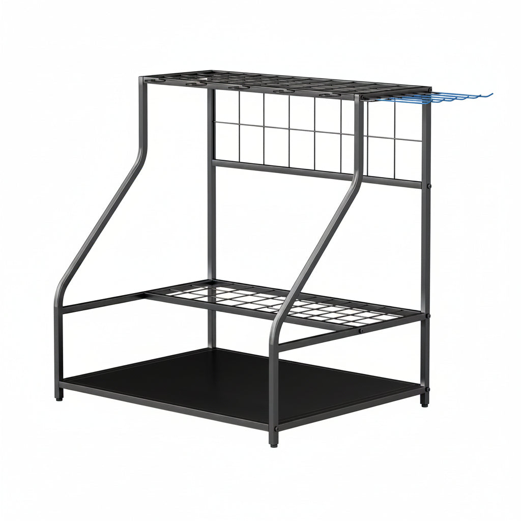 3-Tier Yard Tool Storage Rack, Garden Tool Organizer with Hooks for Long-Handled, Broom, Shovel, Blue - HAUSSLYON