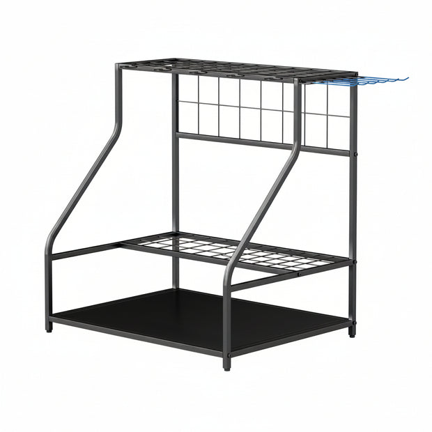 3-Tier Yard Tool Storage Rack, Garden Tool Organizer with Hooks for Long-Handled, Broom, Shovel, Blue - HAUSSLYON