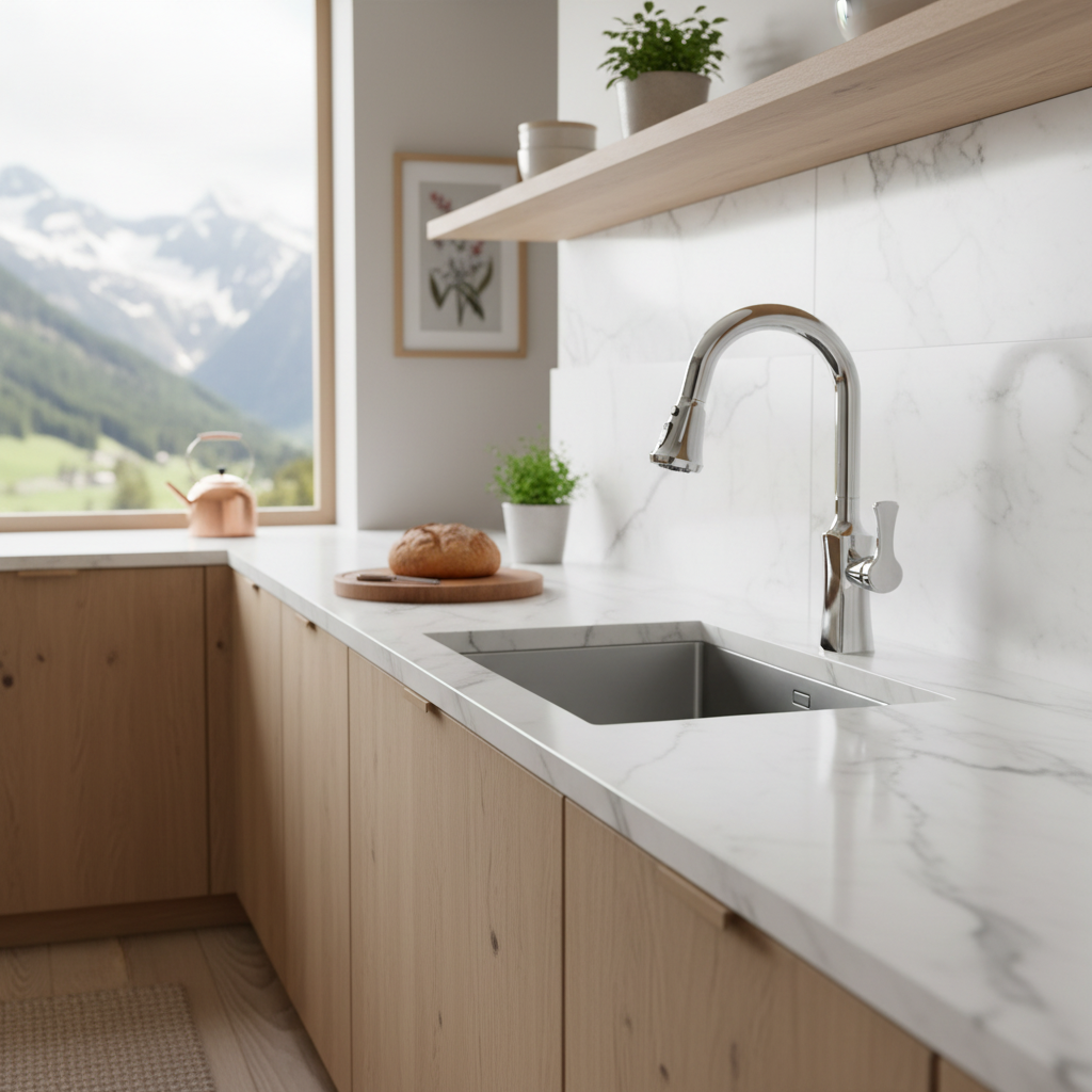 Robinet de cuisine RENFAN Tatu City en acier inoxydable avec bec tournant et poignée intégrée.