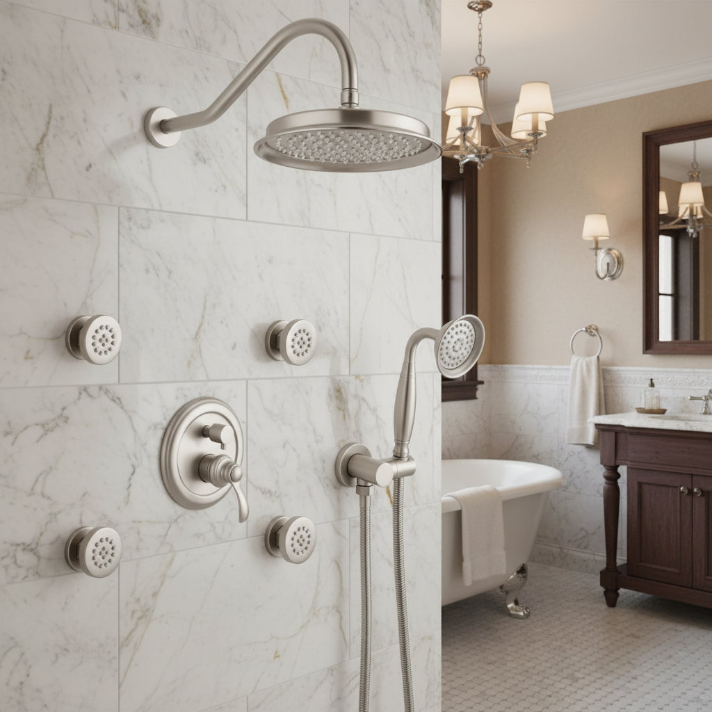 Single-Handle 4-Spray Patterns Bathroom Rain Shower Faucet With Body Jet Handshower In Brushed Nickel  Valve Included - HAUSSLYON