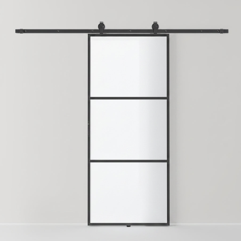 36" x 84" Sliding Door with Hardware Kit, Handle, & Track, Frosted Tempered Glass Door, Easy Installation - HAUSSLYON