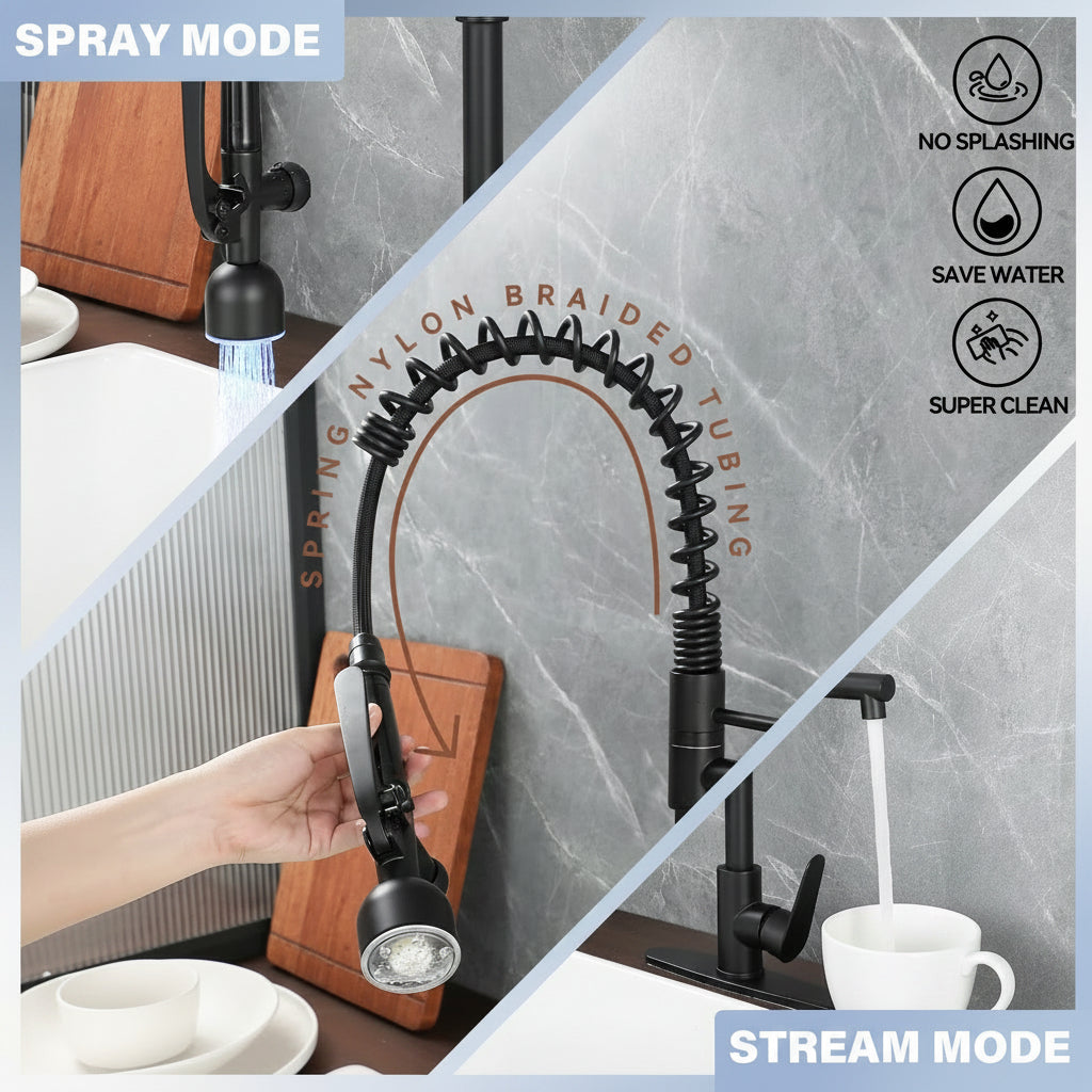 Kitchen Sink Faucet With LED Pull Down Sprayer, Commercial Single Handle High   Kitchen Faucet, Spring Sink Faucets With Deck Plate, Dual Spouts, Stainless Steel - HAUSSLYON