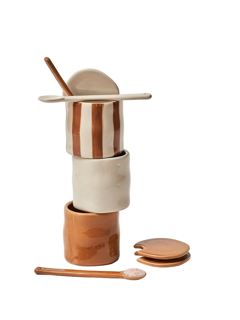 Pot à épices HAuSlyon pour la cuisine, contenant plusieurs petits pots en céramique pour épices, avec couvercles en bois.