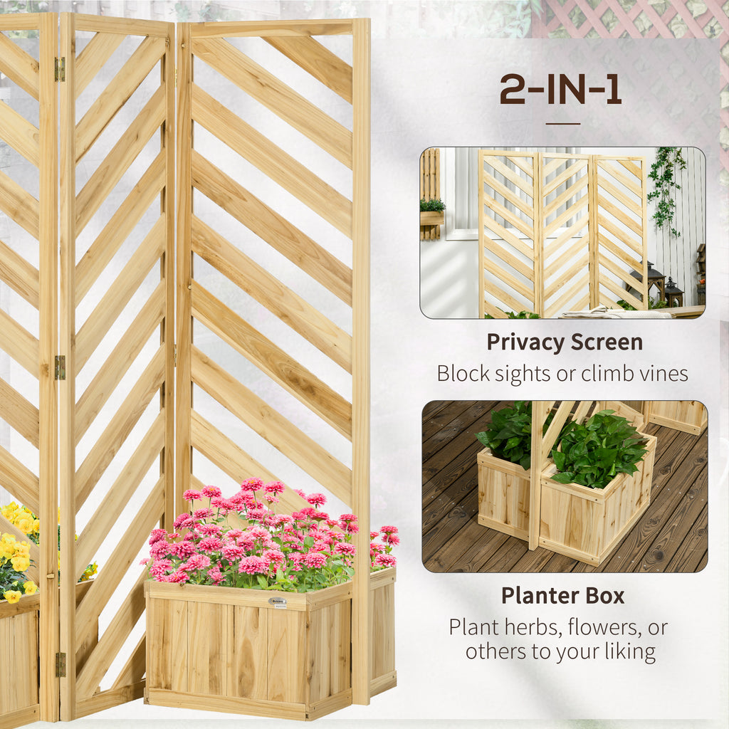 Decorative Outdoor Privacy Screen, Freestanding Divider/Separator with 4 Self-Draining Planters, 3 Trellis Plant Support Panels for Garden Walkway, Backyard, Natural Wood - HAUSSLYON