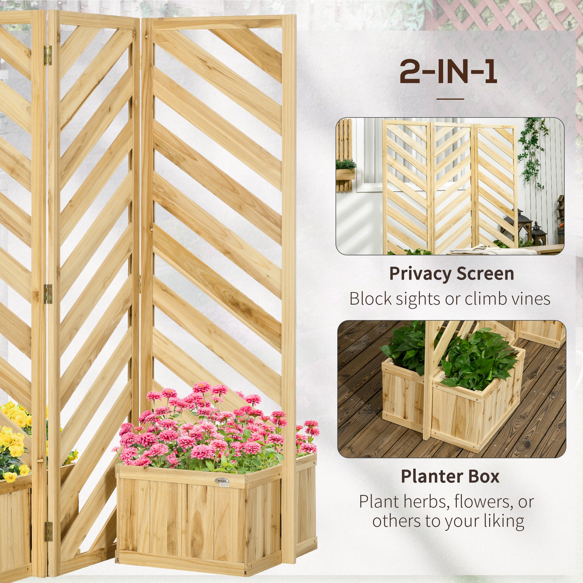 Decorative Outdoor Privacy Screen, Freestanding Divider/Separator with 4 Self-Draining Planters, 3 Trellis Plant Support Panels for Garden Walkway, Backyard, Natural Wood - HAUSSLYON