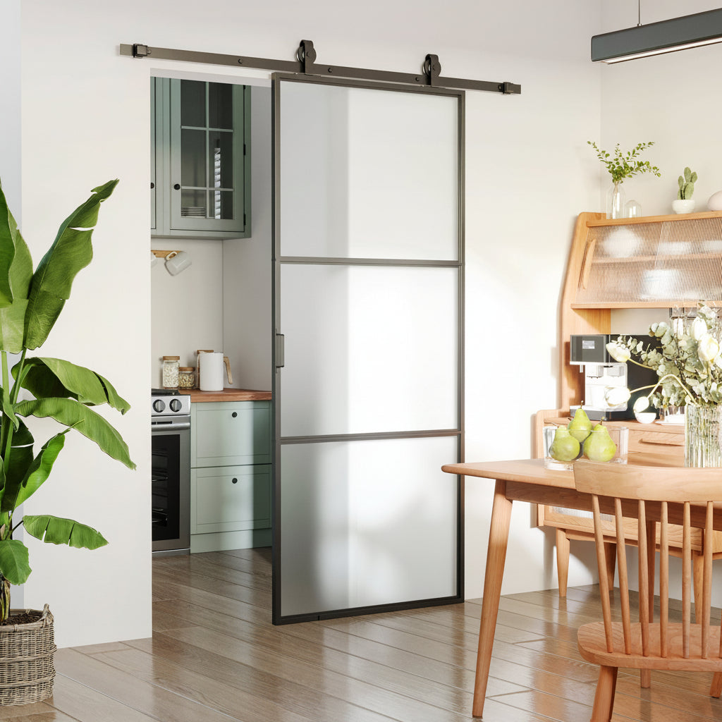 36" x 84" Sliding Door with Hardware Kit, Handle, & Track, Frosted Tempered Glass Door, Easy Installation - HAUSSLYON