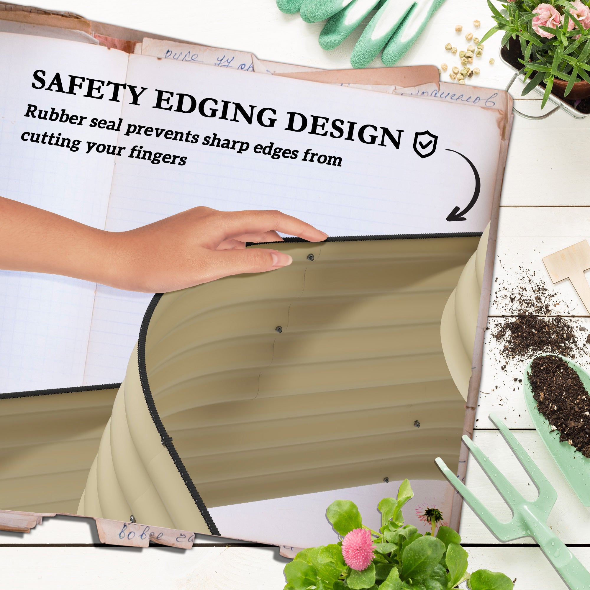 3-Tier Raised Garden Bed Set w/ Safety Edging, Open Bottom for Vegetables, Herbs, Flowers, 62.25" x 43" x 32.25", Cream - HAUSSLYON