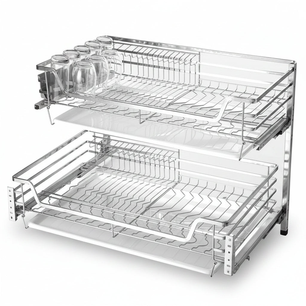 Tiroir coulissant double en acier inoxydable VidaXL, structure robuste avec guides lisses, idéal pour cuisine ou armoire.