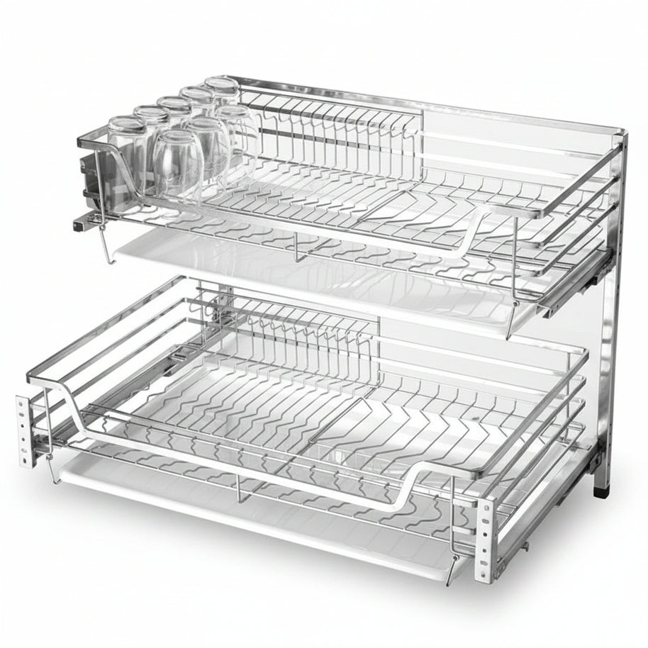 Tiroir coulissant double en acier inoxydable VidaXL, structure robuste avec guides lisses, idéal pour cuisine ou armoire.