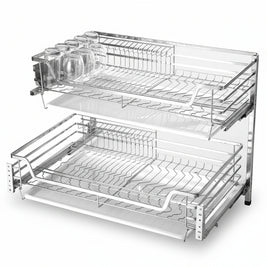 Tiroir coulissant double en acier inoxydable VidaXL, structure robuste avec guides lisses, idéal pour cuisine ou armoire.