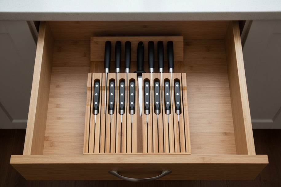 Porte couteaux de cuisine BibeY HAUSSLYON en bois avec plusieurs emplacements pour couteaux, élégant et pratique.