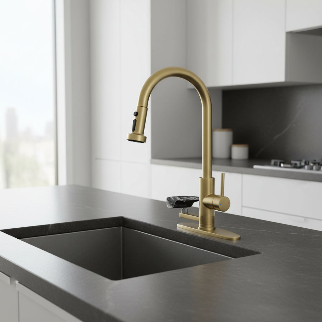 3-in-1 Kitchen Faucet With Press-Type Glass Rinser, Universal For 1 & 3 Holes, High-Arc Pull-Down Sprayer With 3 Function Spray Mode, Brushed Gold Finish - HAUSSLYON