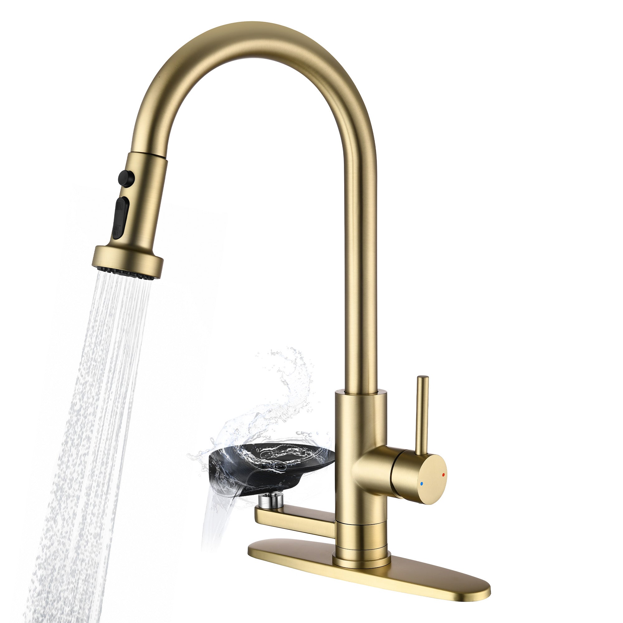 3-in-1 Kitchen Faucet With Press-Type Glass Rinser, Universal For 1 & 3 Holes, High-Arc Pull-Down Sprayer With 3 Function Spray Mode, Brushed Gold Finish - HAUSSLYON
