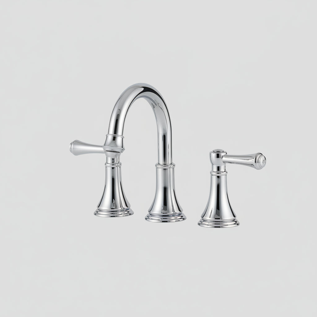 Robinet de salle de bain Hauslyon Lorraine avec poignée moderne, en chrome brillant, installé sur lavabo blanc.