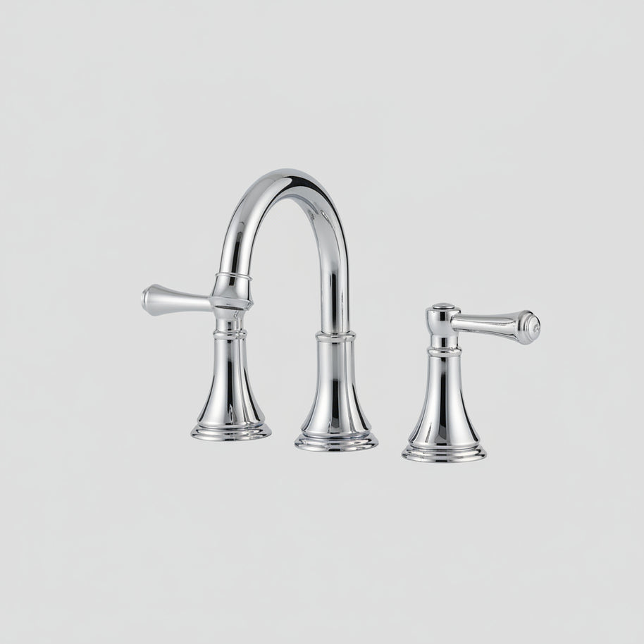 Robinet de salle de bain Hauslyon Lorraine avec poignée moderne, en chrome brillant, installé sur lavabo blanc.
