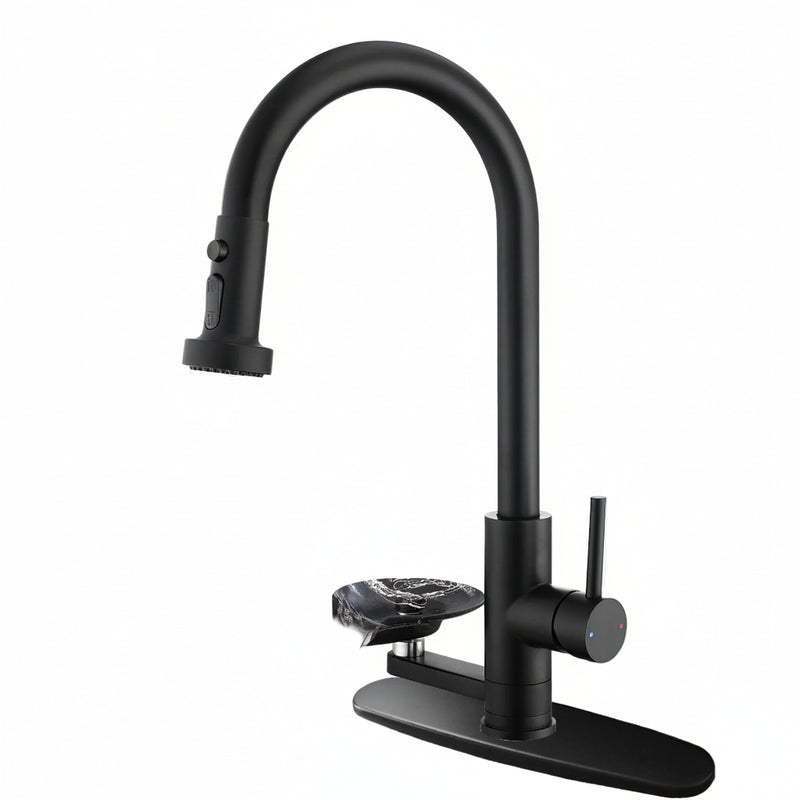 3-in-1 Kitchen Faucet With Press-Type Glass Rinser, High-Arc Pull-Down Sprayer Faucet, 3 Function Spray Mode, Matte Black Finish, For Modern Kitchen Sink - HAUSSLYON