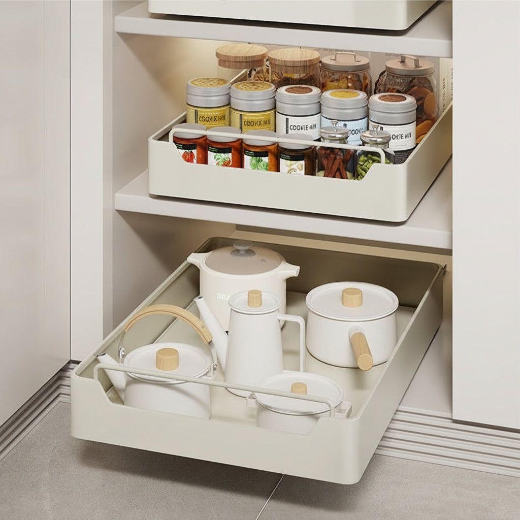 Étagère de rangement coulissante VidaXL pour armoires de cuisine avec plusieurs niveaux en métal noir.