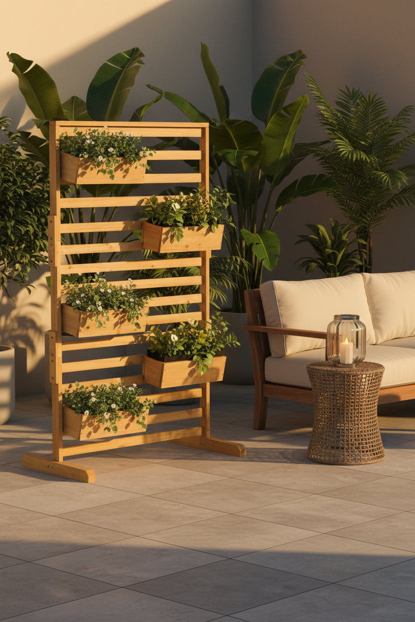 Wooden Plant Trellis Stand with 5 Hanging Planter Boxes, Freestanding Outdoor Plant Stand for Patio, Garden, Balcony, Porch - HAUSSLYON