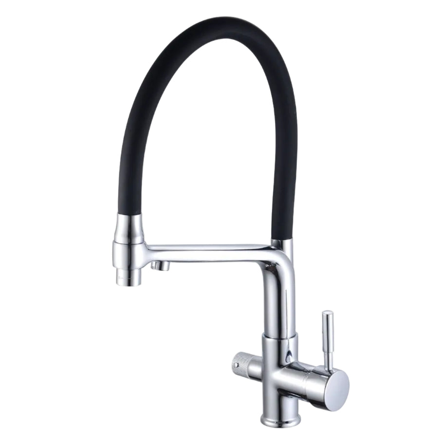Robinet de cuisine Hausslyon Olympe avec bec pivotant et finition en acier inoxydable, installé sur un évier de cuisine moderne