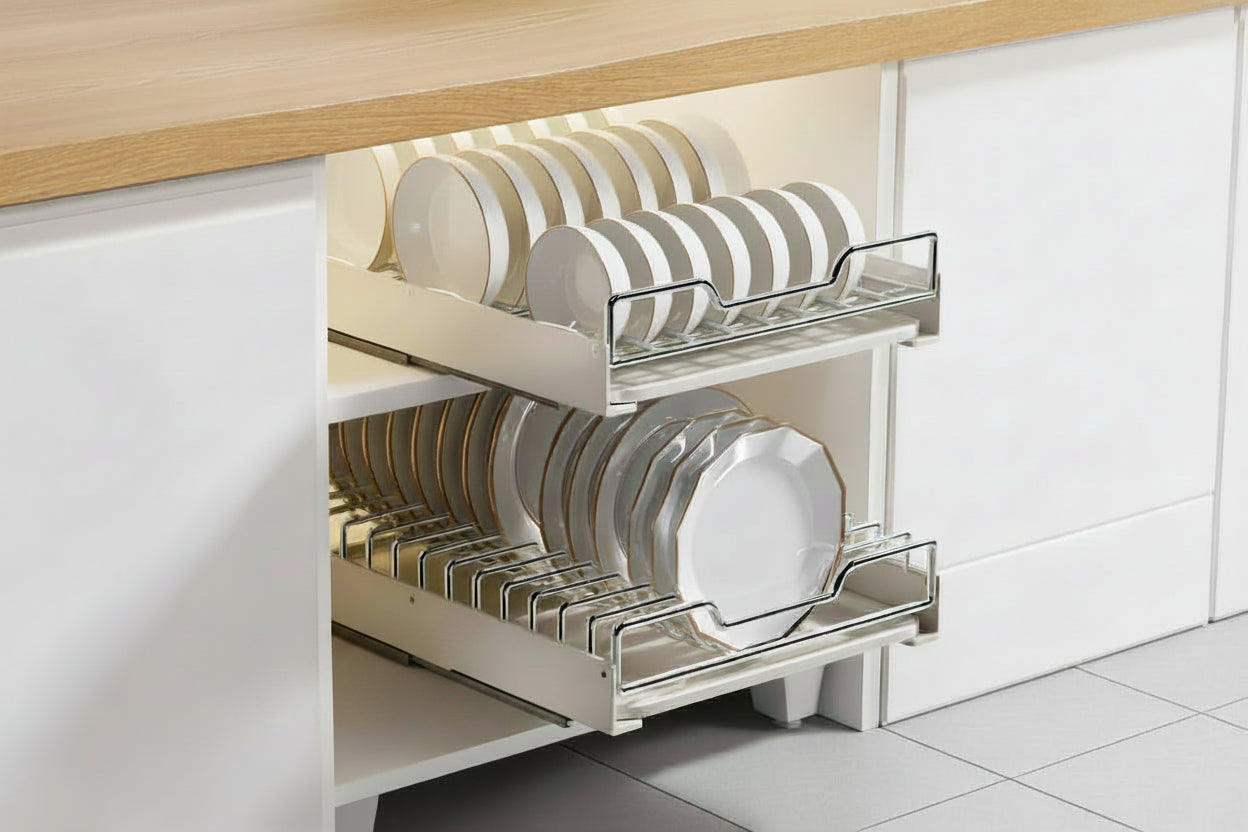 Rangement pour vaisselle coulissant Windsor de VidaXL, espace organisé avec tiroirs en bois et métal pour cuisine moderne