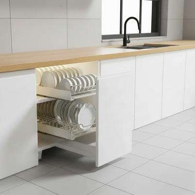 Étagère de rangement pour vaisselle coulissante Windsor de VidaXL, en bois avec compartiments pour assiettes et ustensiles.