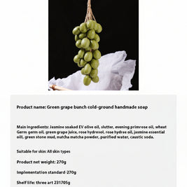Savon en forme de grappe de raisins, savon artisanal RENFAN, texture détaillée, couleur violette et verte, présentation élégante.