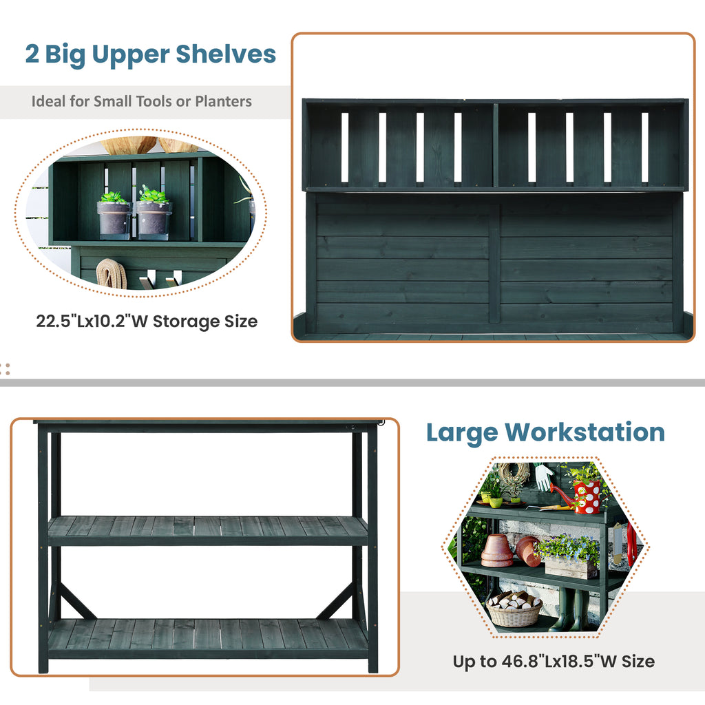 TOPMAX 65 Large Wooden Farmhouse Rustic Outdoor Potting Bench Table, Patio Workstation, Garden Potting Bench With 4 Storage Shelves And Side Hook, Forest Green - HAUSSLYON