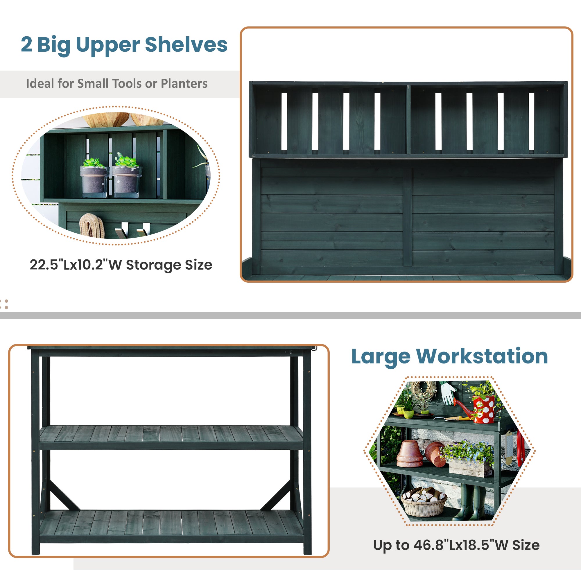 TOPMAX 65 Large Wooden Farmhouse Rustic Outdoor Potting Bench Table, Patio Workstation, Garden Potting Bench With 4 Storage Shelves And Side Hook, Forest Green - HAUSSLYON