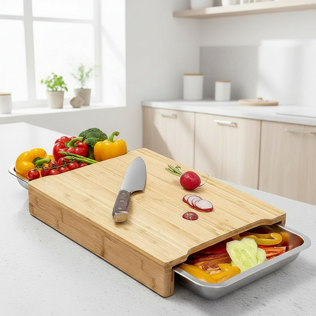 Planche à découper en bambou RENFAN avec tiroir pour la cuisine, surface lisse et pratique pour préparer les aliments.