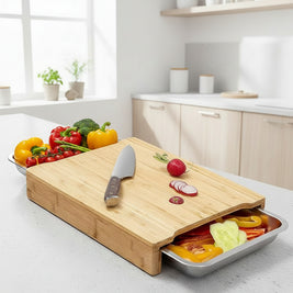 Planche à découper en bambou RENFAN avec tiroir pour la cuisine, surface lisse et pratique pour préparer les aliments.
