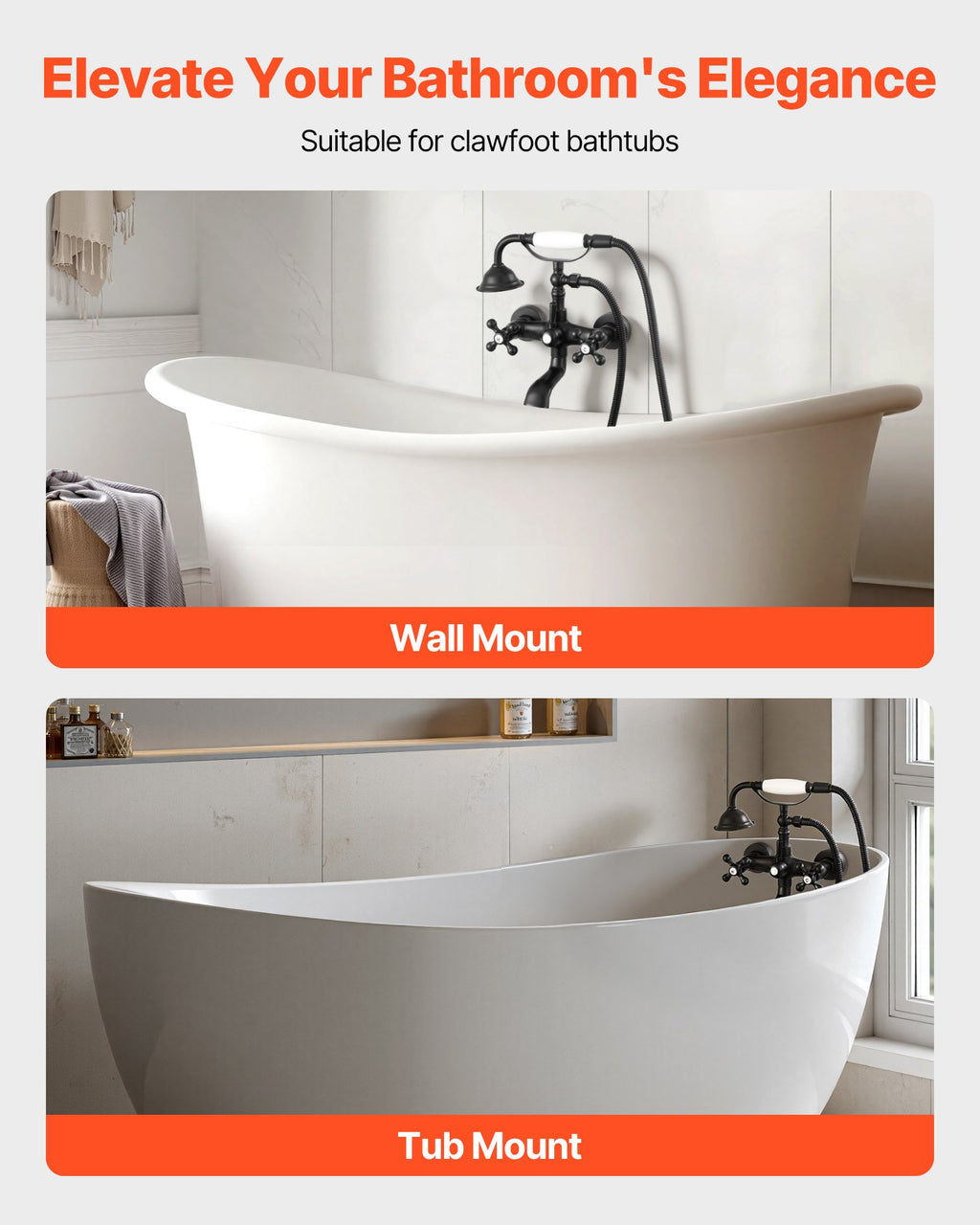 Clawfoot Tub Faucet, Wall Mount Bathtub Faucets With Handheld Shower, Vintage Matte Black Clawfoot Tub Filler Faucet Shower Kit With Adjustable Swing Arms & 360° Rotation Spout For Bathtubs - HAUSSLYON