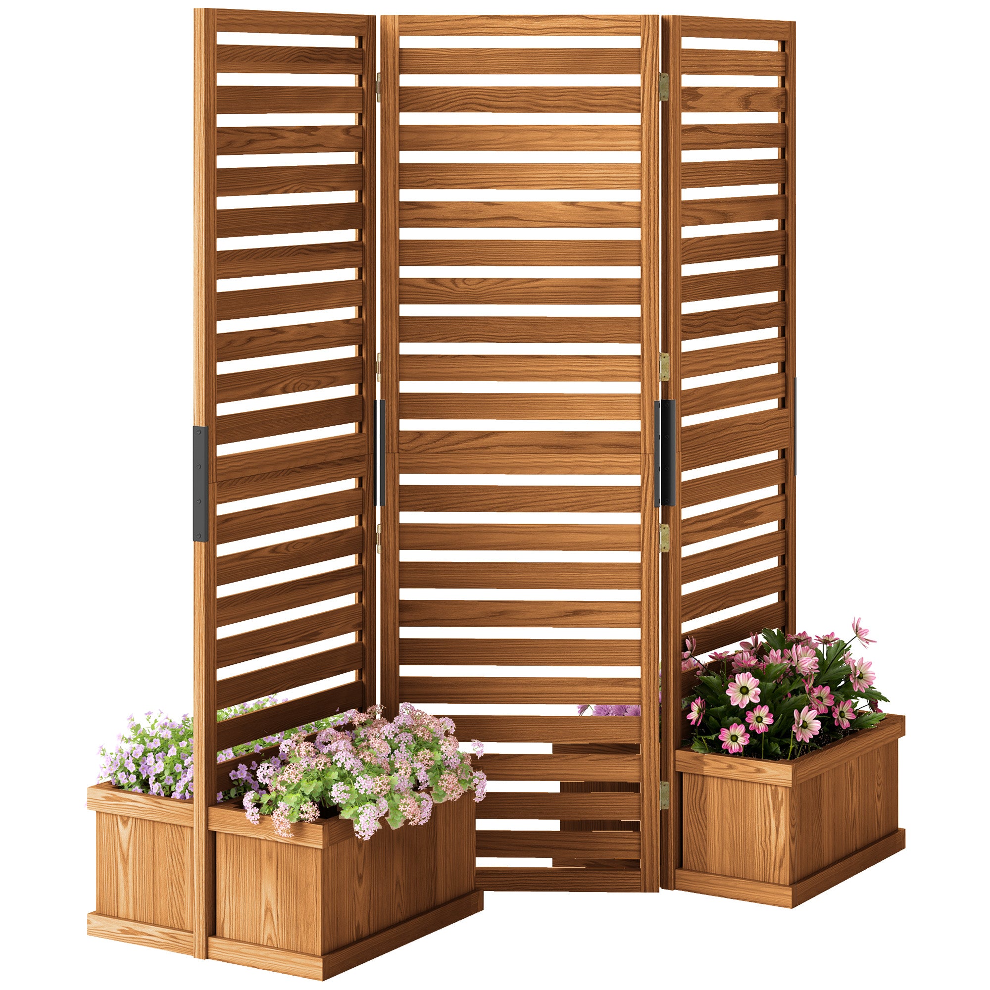 62.5" x 19" x 66" Wood Panel Trellis w/ 4 Planter Box Raised Bed for Garden Natural Wood - HAUSSLYON
